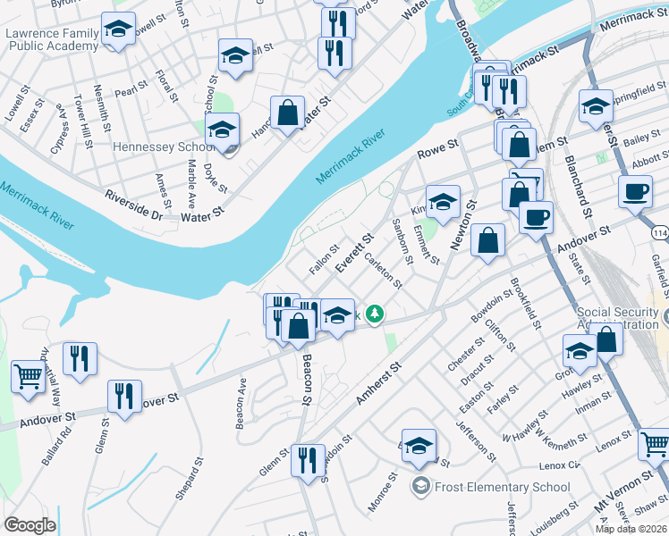 map of restaurants, bars, coffee shops, grocery stores, and more near 95 Everett Street in Lawrence