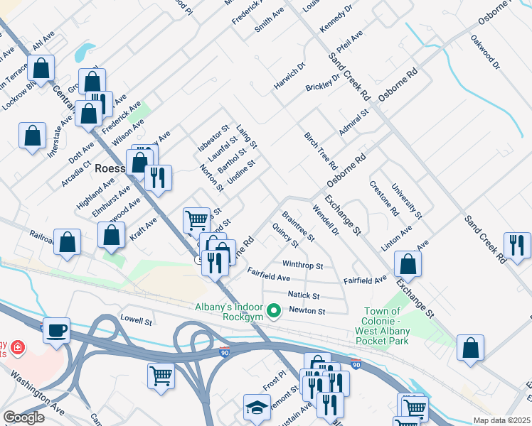 map of restaurants, bars, coffee shops, grocery stores, and more near 45 Osborne Rd in Albany