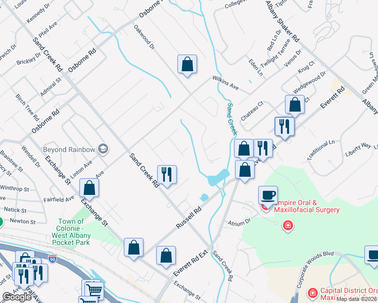 map of restaurants, bars, coffee shops, grocery stores, and more near 3 Clit Court in Albany