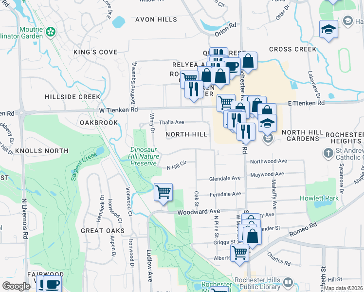 map of restaurants, bars, coffee shops, grocery stores, and more near 300 Winry Drive in Rochester Hills