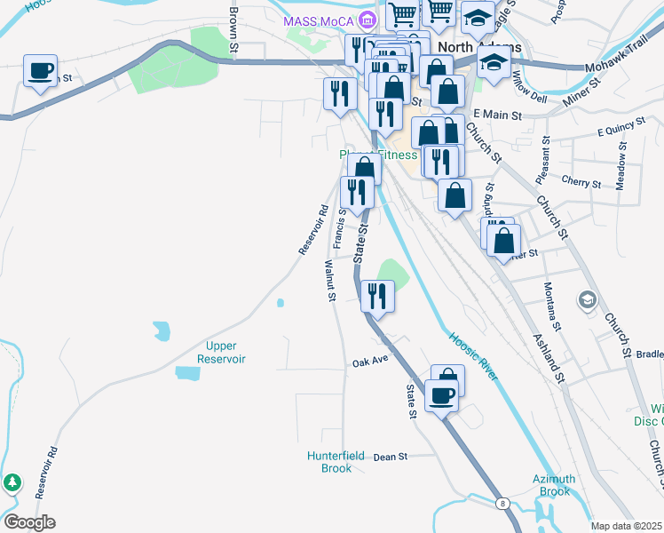 map of restaurants, bars, coffee shops, grocery stores, and more near 250 Walnut Street in North Adams
