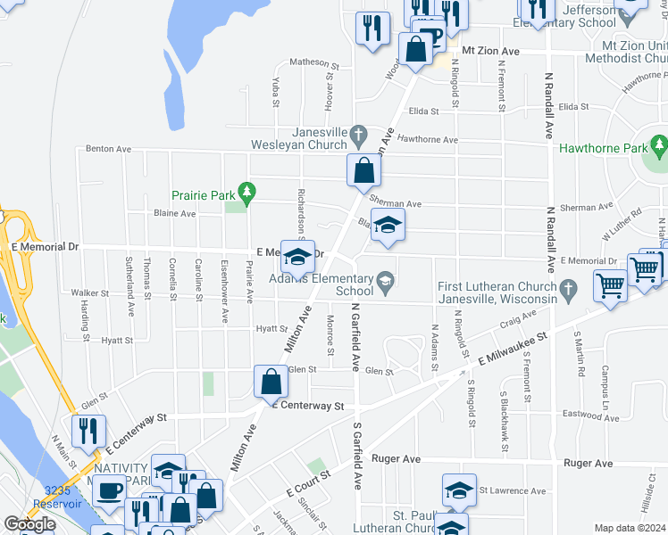 map of restaurants, bars, coffee shops, grocery stores, and more near 740 Milton Avenue in Janesville