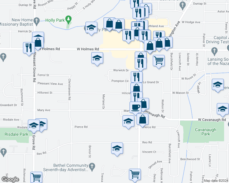 map of restaurants, bars, coffee shops, grocery stores, and more near 1326 Hillcrest Street in Lansing