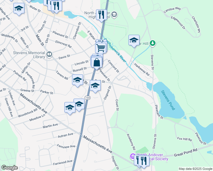 map of restaurants, bars, coffee shops, grocery stores, and more near 75 Park Street in North Andover