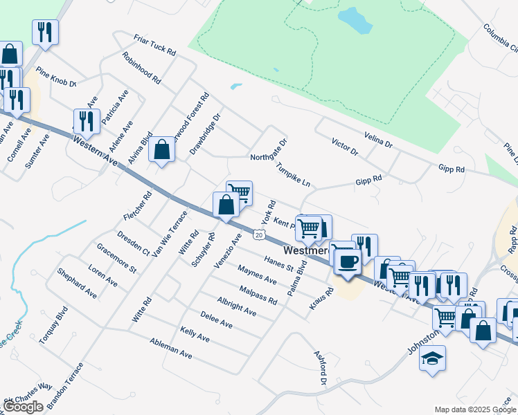 map of restaurants, bars, coffee shops, grocery stores, and more near 11 Kent House in Albany