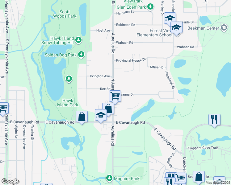 map of restaurants, bars, coffee shops, grocery stores, and more near 3811 Aurelius Road in Lansing