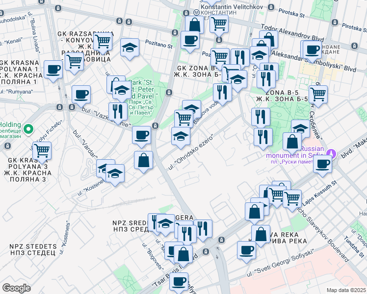 map of restaurants, bars, coffee shops, grocery stores, and more near in Sofia