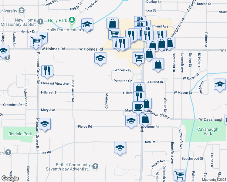 map of restaurants, bars, coffee shops, grocery stores, and more near 1408 Hillcrest Street in Lansing