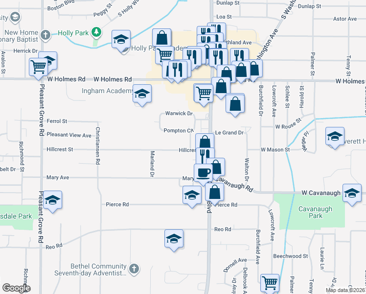 map of restaurants, bars, coffee shops, grocery stores, and more near 1228 Hillcrest Street in Lansing