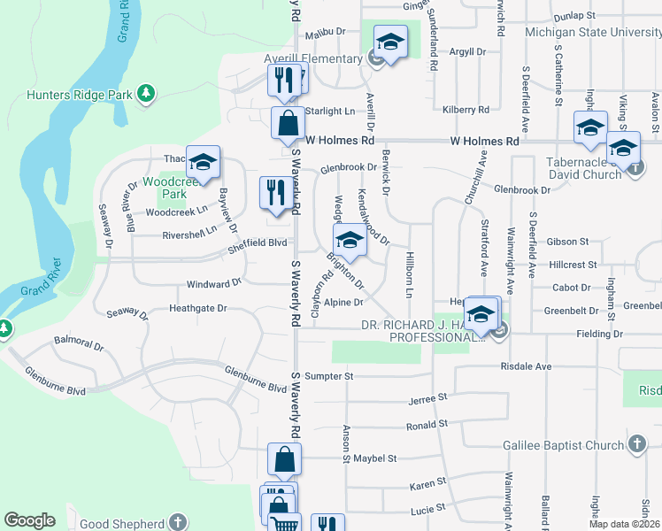 map of restaurants, bars, coffee shops, grocery stores, and more near 3900 Clayborn Road in Lansing