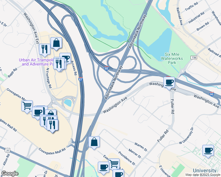 map of restaurants, bars, coffee shops, grocery stores, and more near New York State Reference Route 910F in Albany