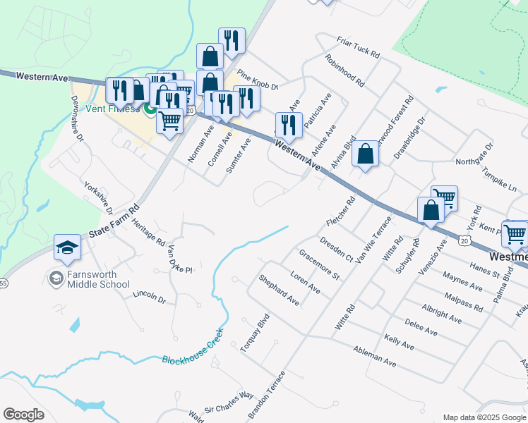 map of restaurants, bars, coffee shops, grocery stores, and more near 575 Highwood Circle in Albany