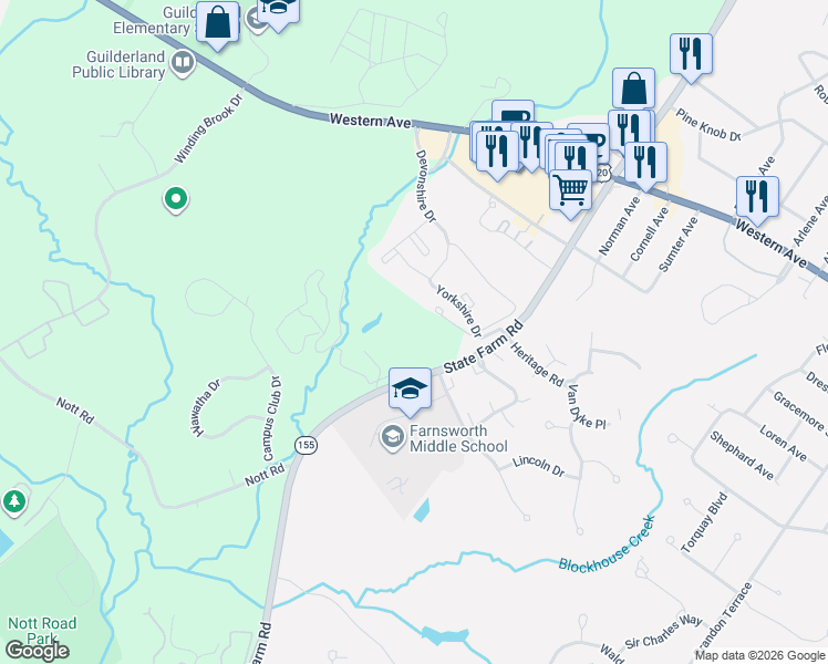 map of restaurants, bars, coffee shops, grocery stores, and more near Essex Circle in Guilderland