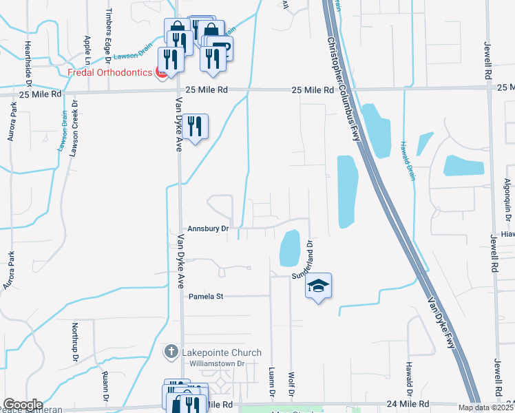 map of restaurants, bars, coffee shops, grocery stores, and more near 8590 Grove Drive in Macomb County