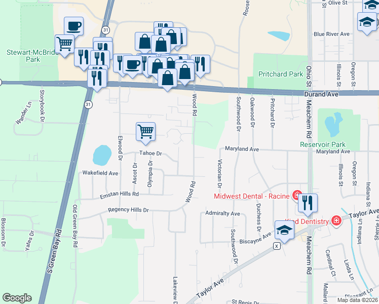 map of restaurants, bars, coffee shops, grocery stores, and more near 3300 Wood Road in Mount Pleasant