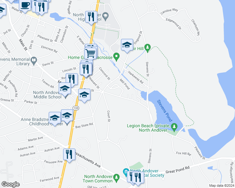 map of restaurants, bars, coffee shops, grocery stores, and more near 310 Pleasant Street in North Andover