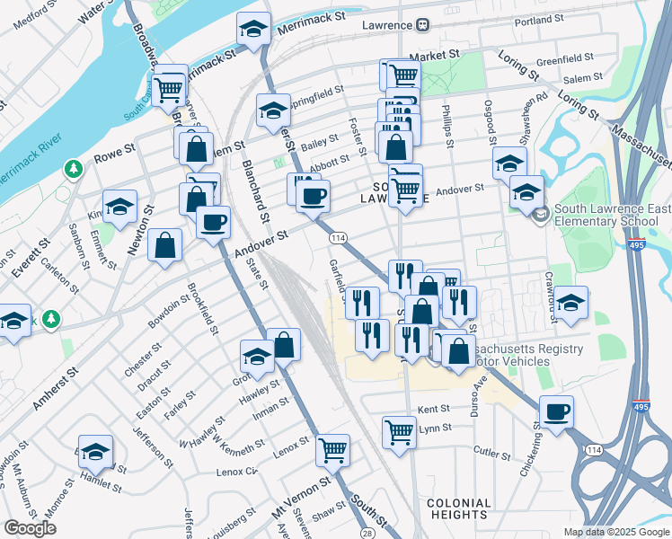 map of restaurants, bars, coffee shops, grocery stores, and more near 24 Garfield Street in Lawrence