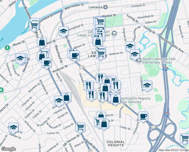 map of restaurants, bars, coffee shops, grocery stores, and more near 40 Winthrop Avenue in Lawrence