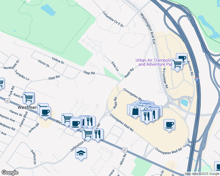 map of restaurants, bars, coffee shops, grocery stores, and more near 6 Crossgates Mall Road in Albany