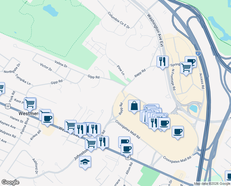 map of restaurants, bars, coffee shops, grocery stores, and more near Rapp Road in Albany