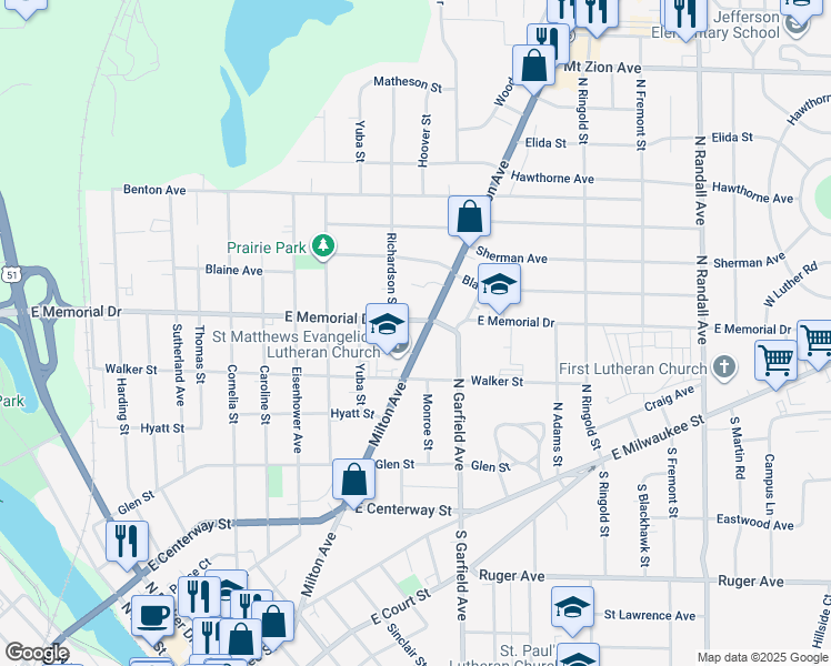 map of restaurants, bars, coffee shops, grocery stores, and more near 745 Milton Avenue in Janesville