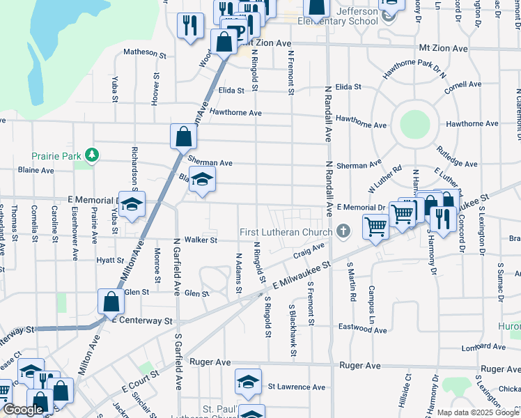 map of restaurants, bars, coffee shops, grocery stores, and more near 746 North Ringold Street in Janesville