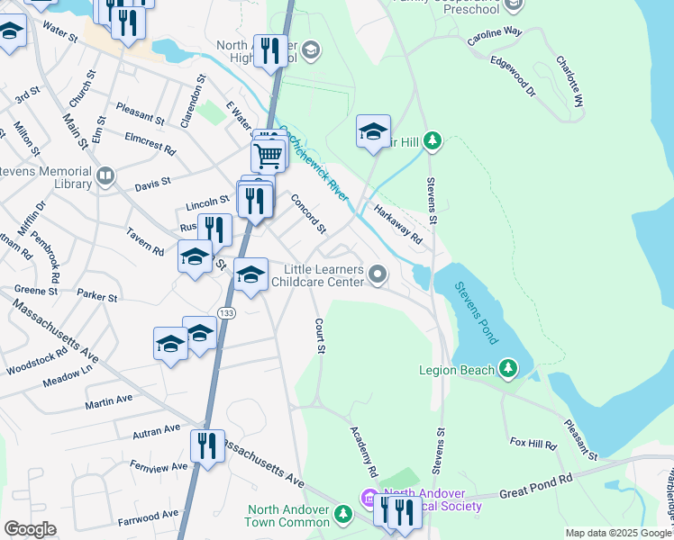 map of restaurants, bars, coffee shops, grocery stores, and more near 310 Pleasant Street in North Andover