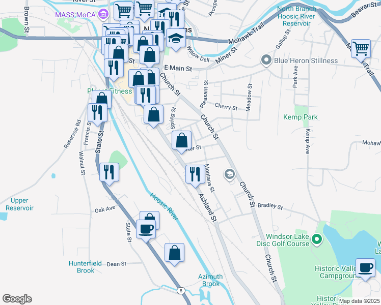 map of restaurants, bars, coffee shops, grocery stores, and more near 15 Blackinton Street in North Adams