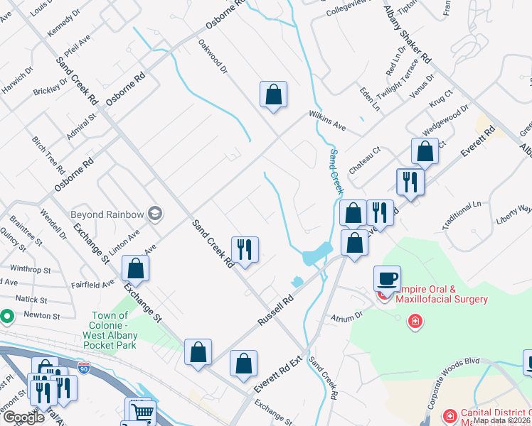 map of restaurants, bars, coffee shops, grocery stores, and more near 3 Clit Court in Albany