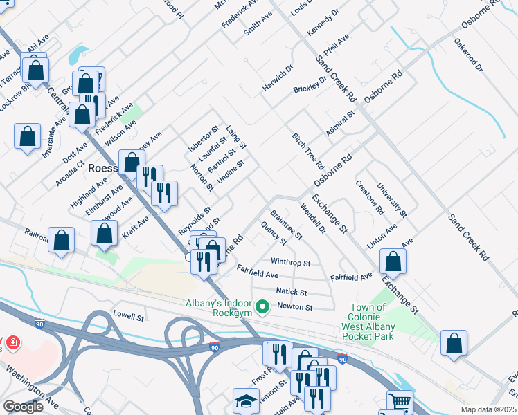 map of restaurants, bars, coffee shops, grocery stores, and more near 45 Osborne Road in Albany