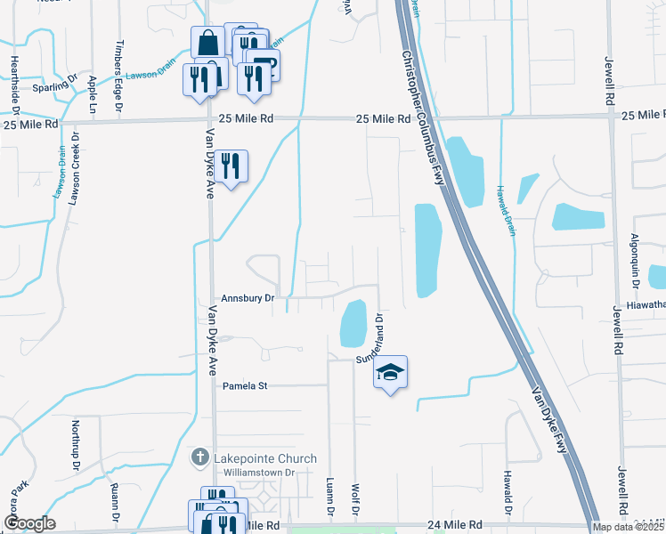 map of restaurants, bars, coffee shops, grocery stores, and more near 8590 Grove Drive in Macomb County