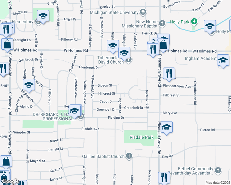 map of restaurants, bars, coffee shops, grocery stores, and more near 2709 Hillcrest Street in Lansing