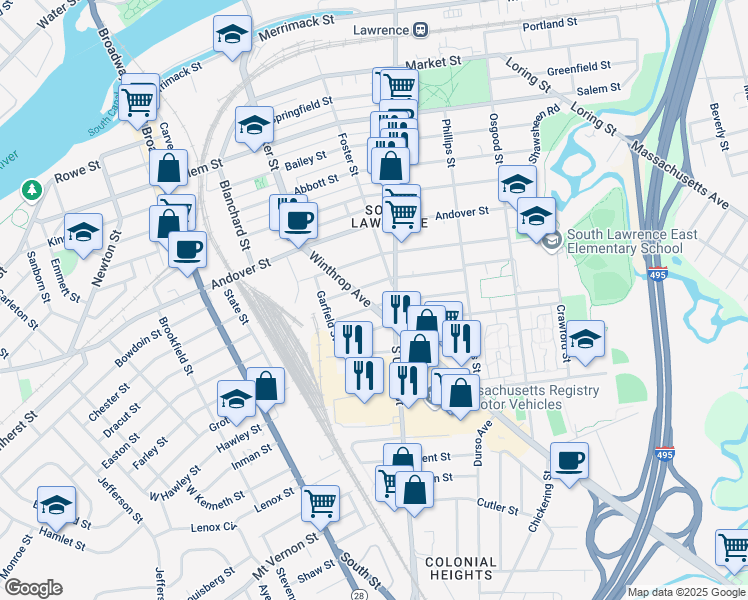 map of restaurants, bars, coffee shops, grocery stores, and more near 40 Winthrop Avenue in Lawrence