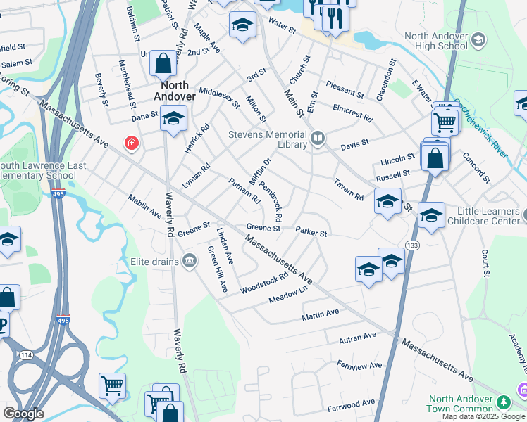 map of restaurants, bars, coffee shops, grocery stores, and more near 103 Putnam Road in North Andover