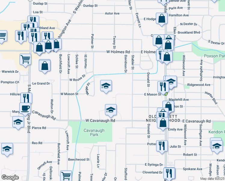 map of restaurants, bars, coffee shops, grocery stores, and more near 3900 Stabler Street in Lansing