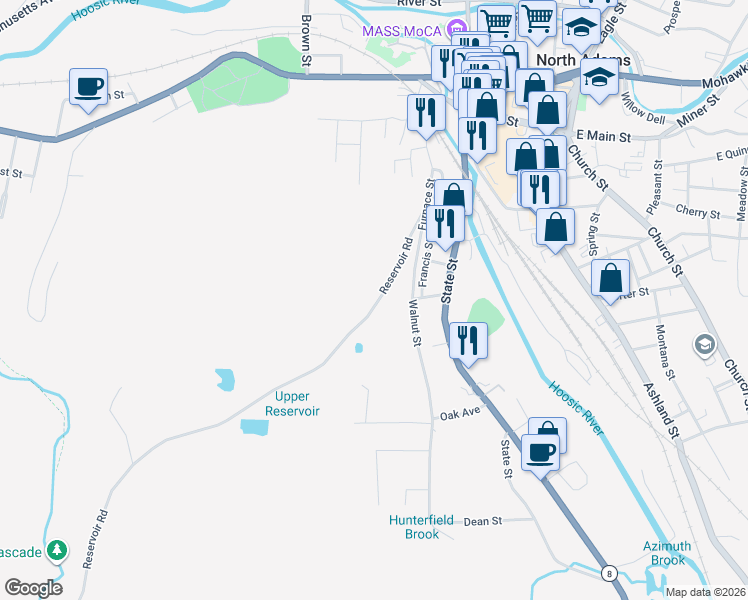 map of restaurants, bars, coffee shops, grocery stores, and more near 118 Reservoir Road in North Adams