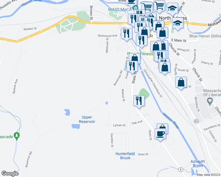 map of restaurants, bars, coffee shops, grocery stores, and more near 118 Reservoir Road in North Adams