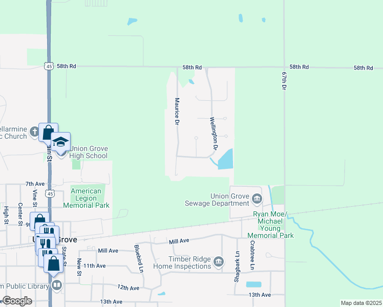 map of restaurants, bars, coffee shops, grocery stores, and more near 575 Wellington Drive in Union Grove