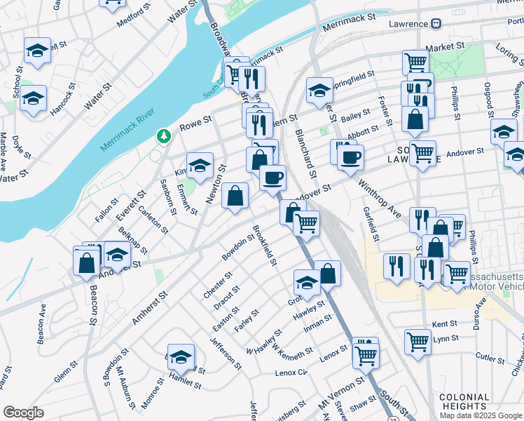 map of restaurants, bars, coffee shops, grocery stores, and more near 409 Andover Street in Lawrence