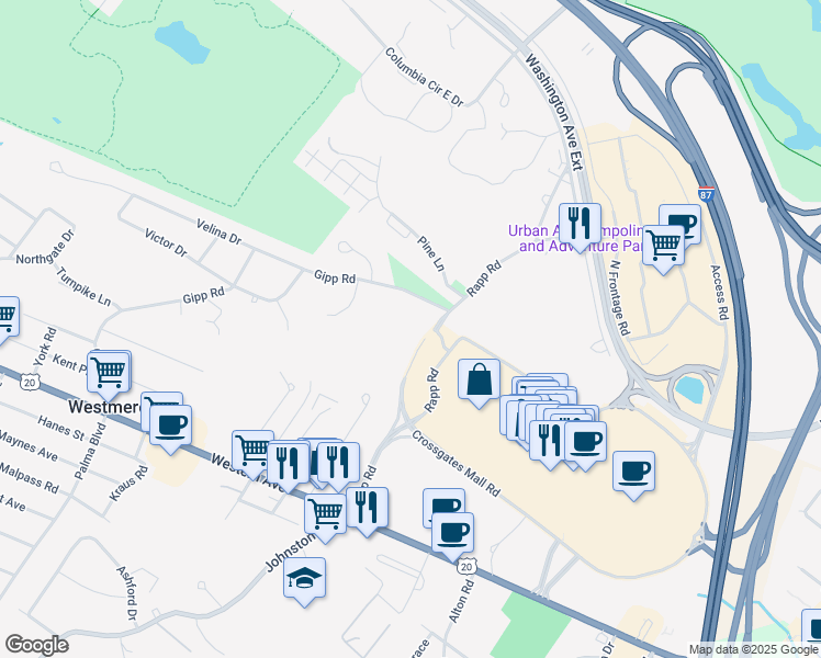 map of restaurants, bars, coffee shops, grocery stores, and more near Rapp Road in Albany