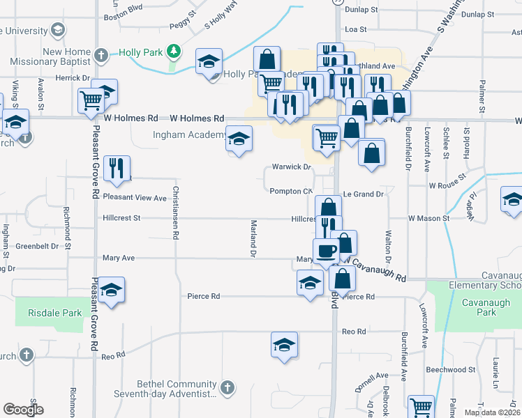 map of restaurants, bars, coffee shops, grocery stores, and more near 1408 Hillcrest Street in Lansing