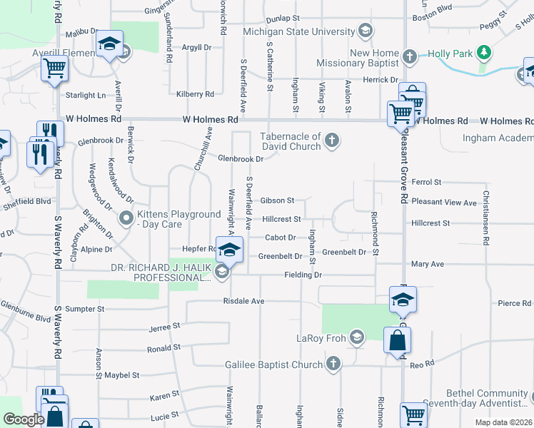 map of restaurants, bars, coffee shops, grocery stores, and more near 3013 Hillcrest Street in Lansing