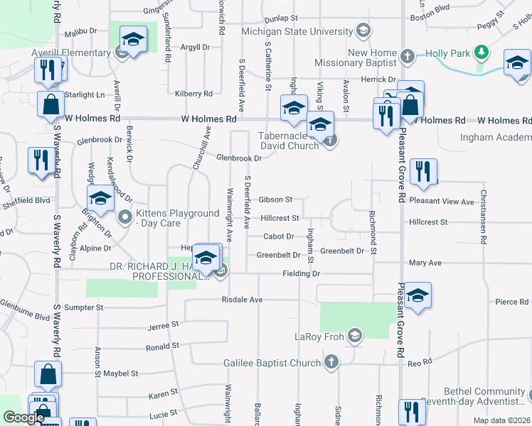 map of restaurants, bars, coffee shops, grocery stores, and more near 3013 Hillcrest Street in Lansing