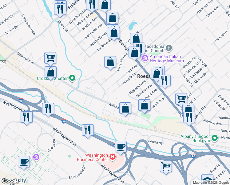 map of restaurants, bars, coffee shops, grocery stores, and more near 68 Arcadia Court in Albany