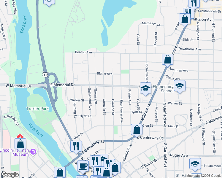 map of restaurants, bars, coffee shops, grocery stores, and more near 725 Caroline Street in Janesville