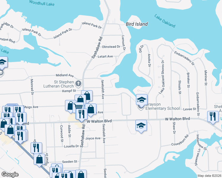 map of restaurants, bars, coffee shops, grocery stores, and more near 4024 Athens Avenue in Waterford Township