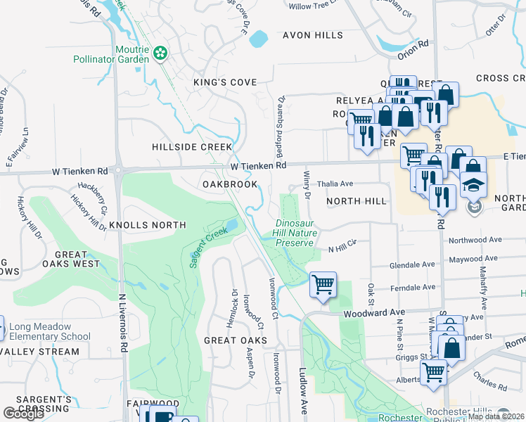 map of restaurants, bars, coffee shops, grocery stores, and more near 1423 Oakbrook East Drive in Rochester Hills
