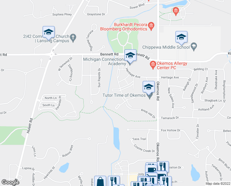 map of restaurants, bars, coffee shops, grocery stores, and more near 2385 Club Meridian Drive in Meridian charter Township