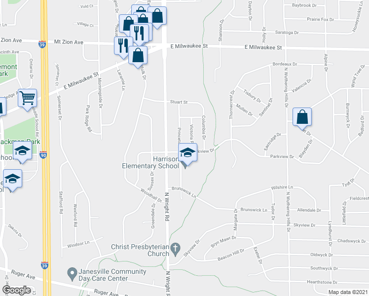 map of restaurants, bars, coffee shops, grocery stores, and more near 3707 Parkview Drive in Janesville