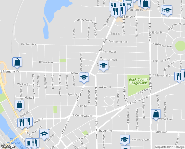 map of restaurants, bars, coffee shops, grocery stores, and more near 1001 East Memorial Drive in Janesville